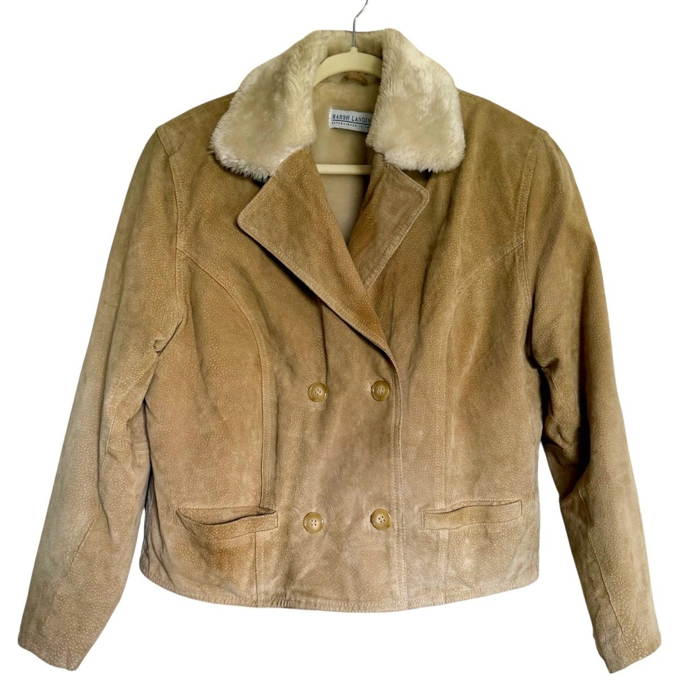 Marsh Landing Tan Suede Leather Jacket Faux Fur Collar ‎ Size Medium
